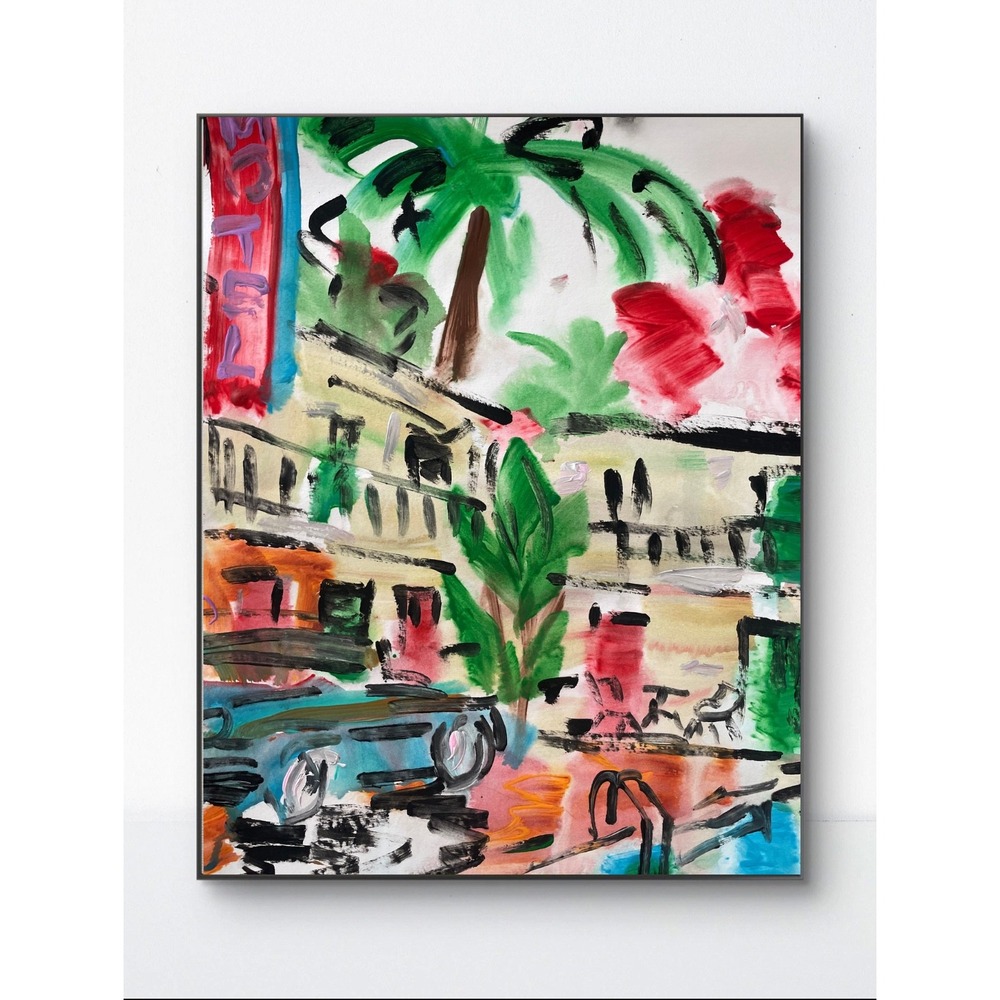 OMAN Original Painting Tropical Motel Vintage Car Neo-Expressionist Art 11x14